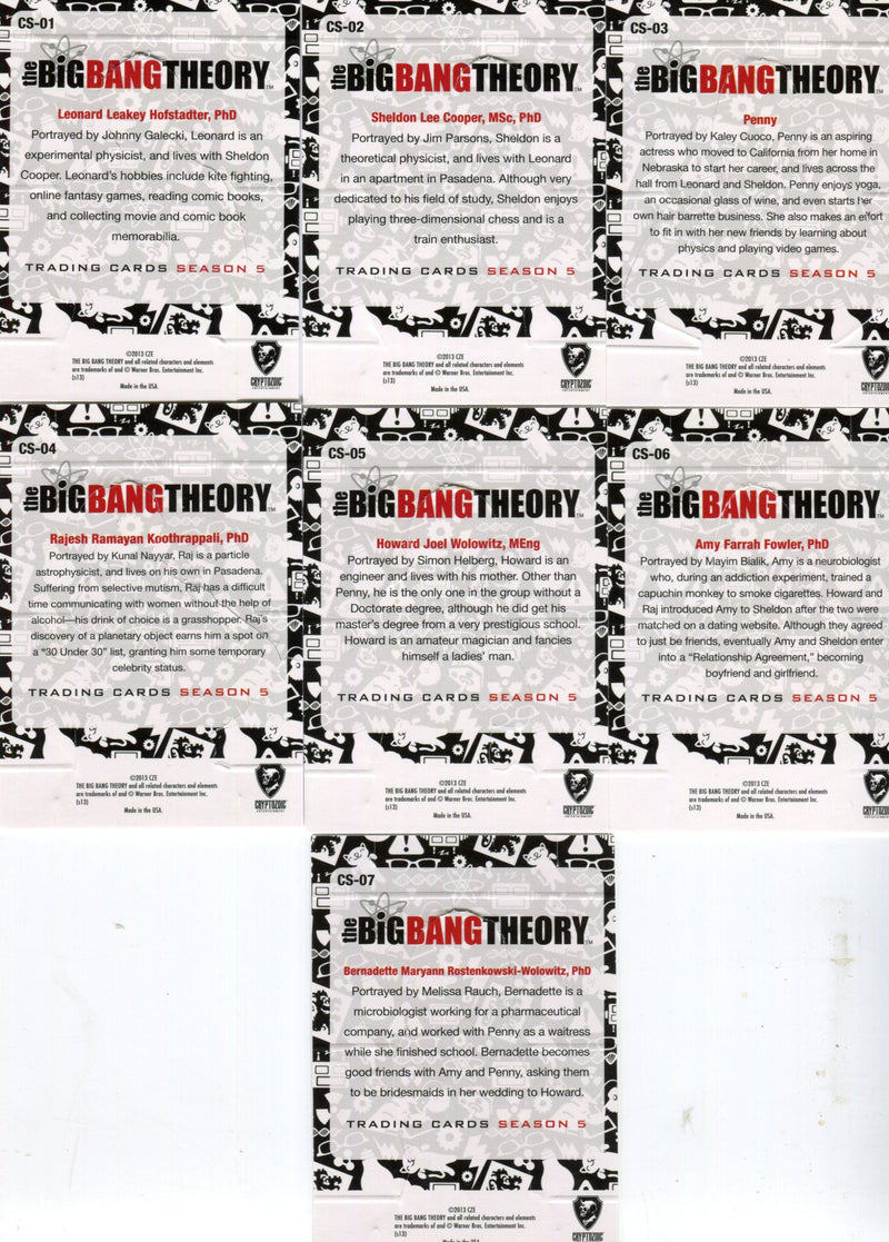 Big Bang Theory Season 5 Standees Chase Card Set 7 Cards CS-01 - CS-07   - TvMovieCards.com