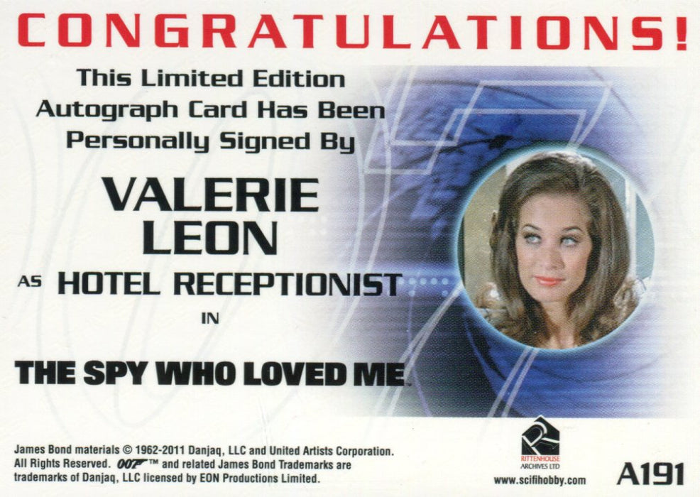 James Bond Mission Logs Valerie Leon as Hotel Receptionist Autograph Card A191   - TvMovieCards.com