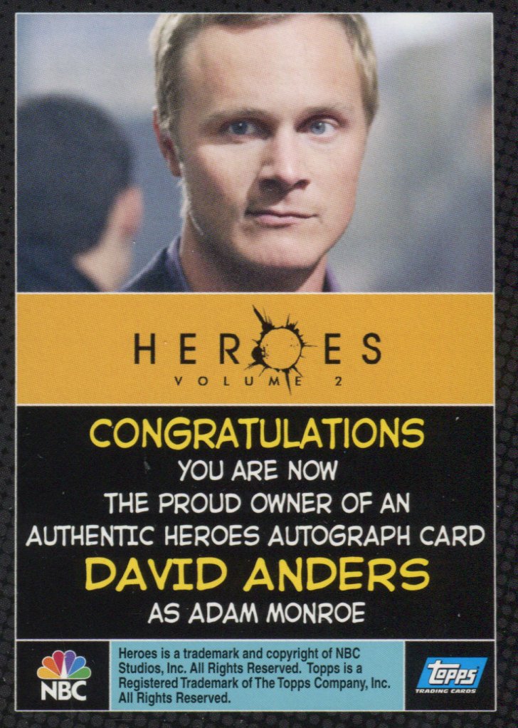 Heroes Volume 2 David Anders as Adam Monroe Autograph Card Topps 2008   - TvMovieCards.com