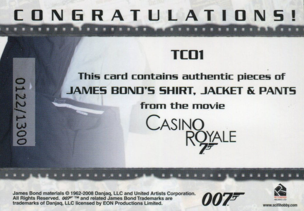 James Bond in Motion 2008 James Bond Triple Costume Card TC01 #0122/1300   - TvMovieCards.com