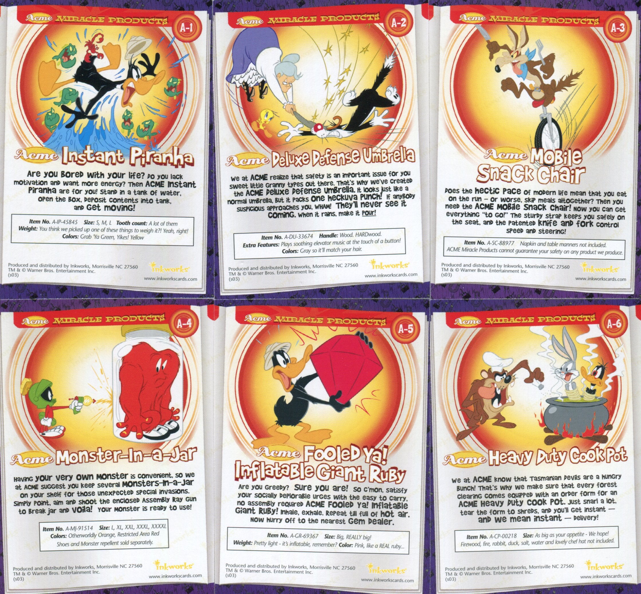 Looney Tunes Back In Action Movie ACME Miracle Products Chase Card Set A-1  A-6