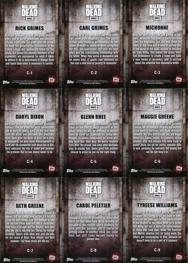 Walking Dead Season 5 Character Profiles Chase Card Set C-1 C-18 Topps 2016   - TvMovieCards.com