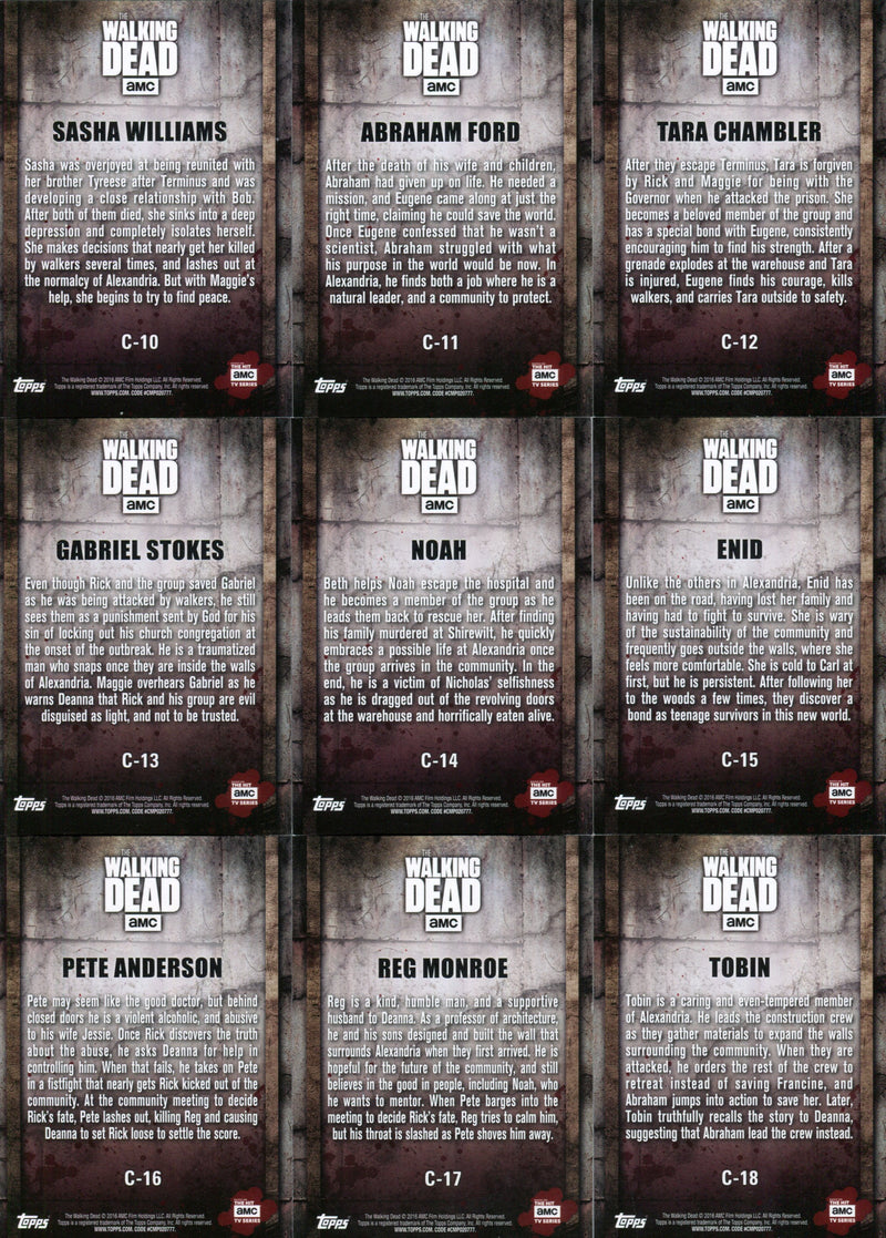 Walking Dead Season 5 Character Profiles Chase Card Set C-1 C-18 Topps 2016   - TvMovieCards.com