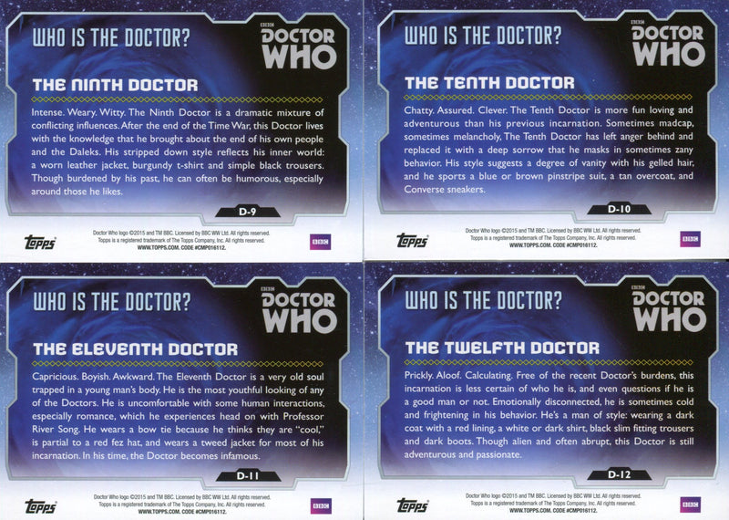 Doctor Who 2015 Topps Who Is the Doctor? Chase Card Set D-1 thru D-12   - TvMovieCards.com