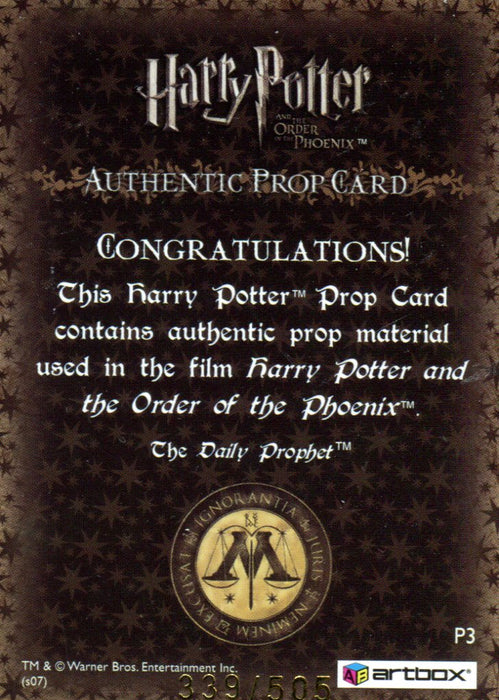Harry Potter Order Phoenix Update Daily Prophet Prop Card P3 HP #339/505   - TvMovieCards.com
