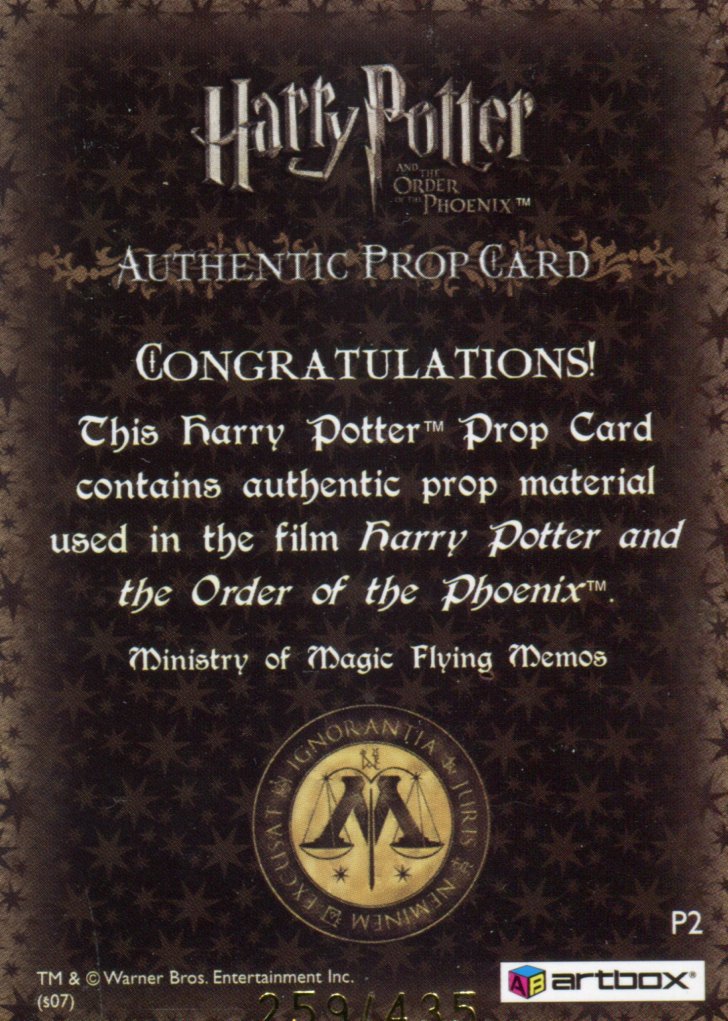 Harry Potter Order Phoenix Update Flying Memos Prop Card P2 HP #259/435   - TvMovieCards.com