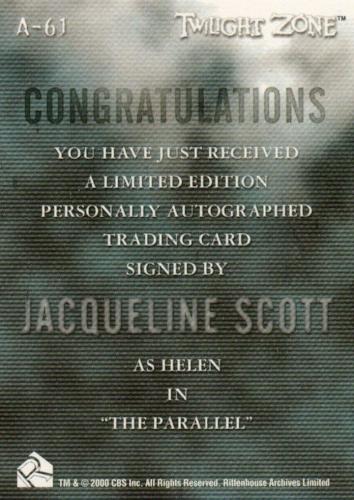 Twilight Zone 3 Shadows and Substance Jacqueline Scott Autograph Card A-61 A61   - TvMovieCards.com