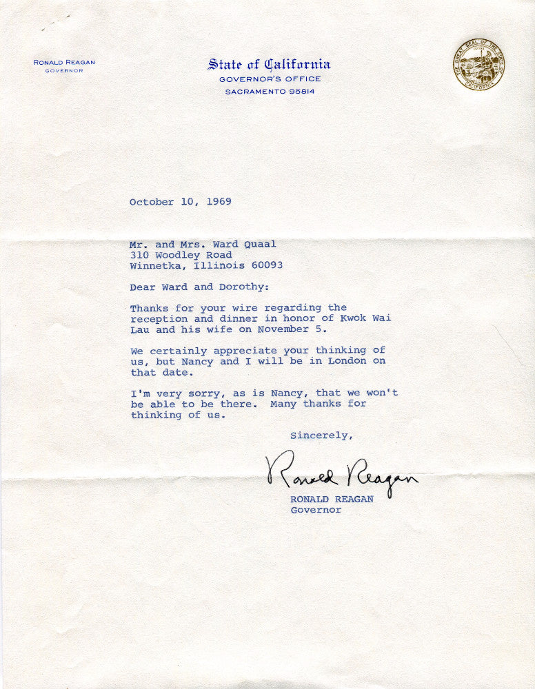 Original Signature Letter Governor Ronald Reagan October 10, 1969   - TvMovieCards.com