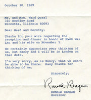 Original Signature Letter Governor Ronald Reagan October 10, 1969   - TvMovieCards.com
