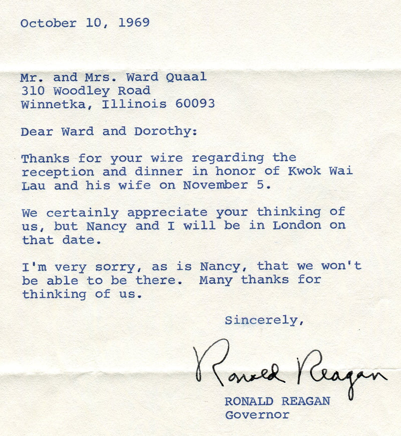 Original Signature Letter Governor Ronald Reagan October 10, 1969   - TvMovieCards.com