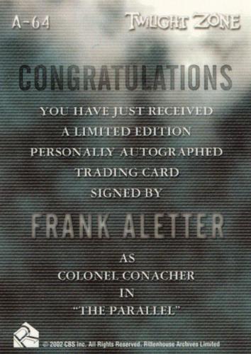 Twilight Zone 3 Shadows and Substance Frank Aletter Autograph Card A-64 A64   - TvMovieCards.com