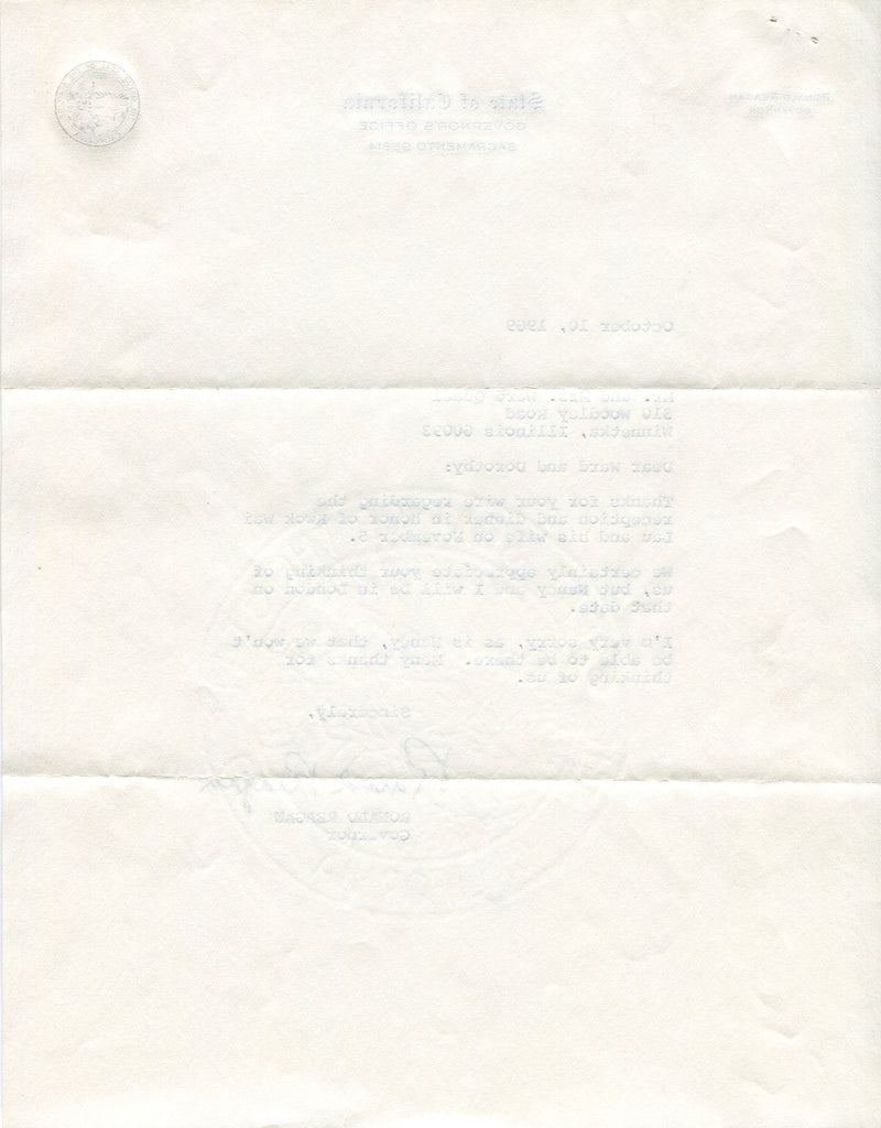 Original Signature Letter Governor Ronald Reagan October 10, 1969   - TvMovieCards.com