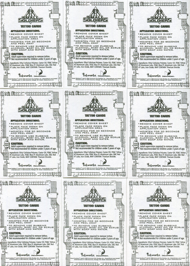 Small Soldiers Movie Tattoo Chase Card Set 9 Tattoos Inkworks 1998   - TvMovieCards.com
