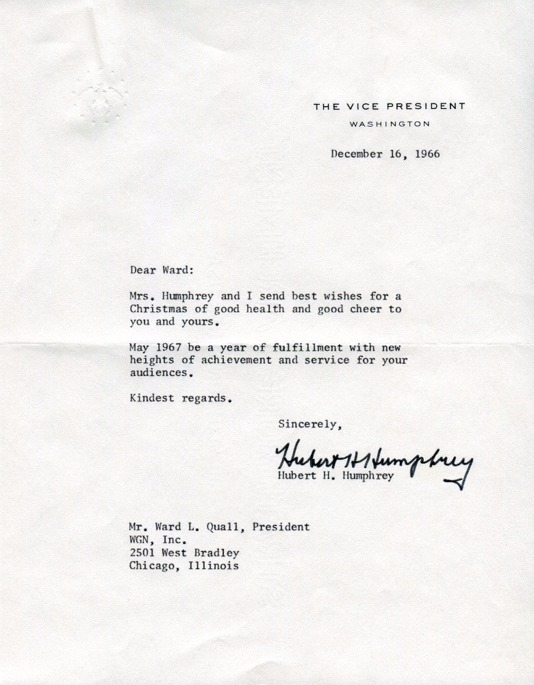 Original Signature Letter Vice President Hubert Humphrey December 16   - TvMovieCards.com