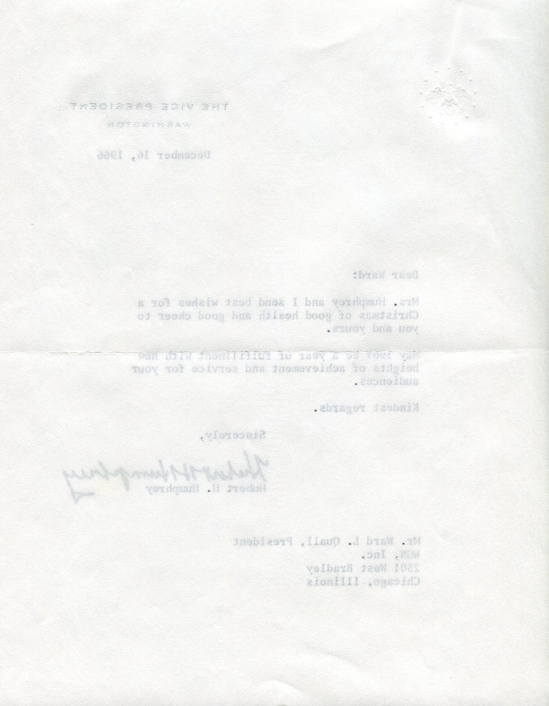 Original Signature Letter Vice President Hubert Humphrey December 16   - TvMovieCards.com