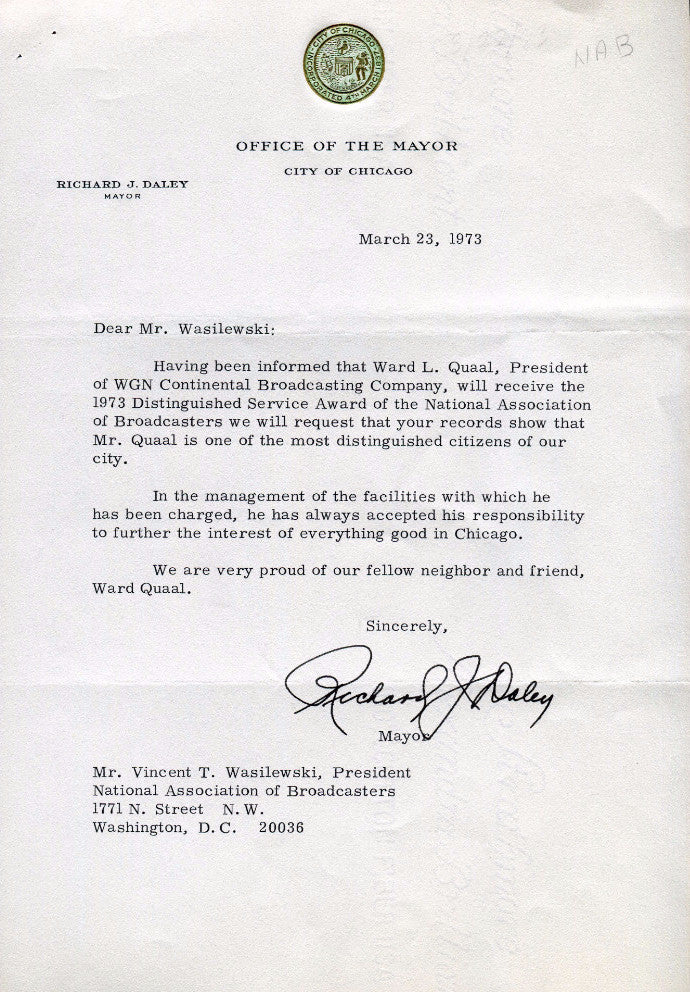 Original Signature Letter Chicago Mayor Richard J. Daley March 23, 1   - TvMovieCards.com