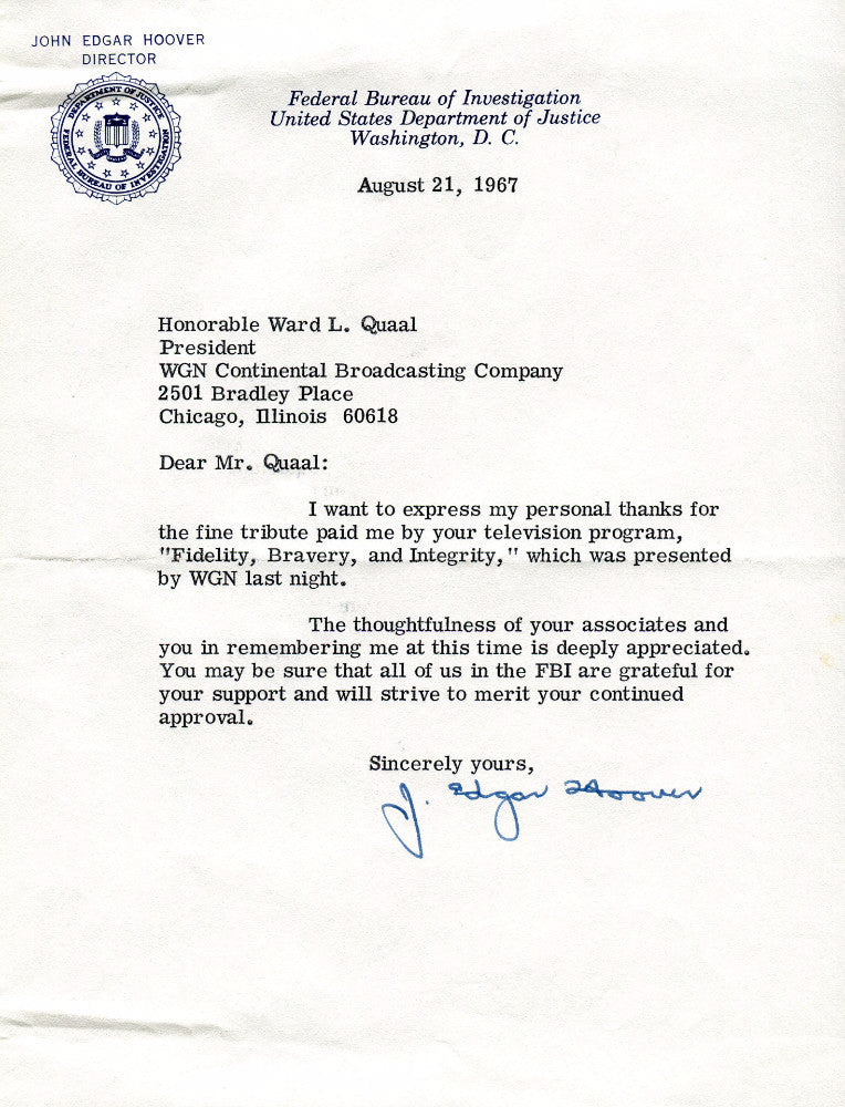 Original Signature Letter J. Edgar Hoover FBI Director August 21, 19   - TvMovieCards.com