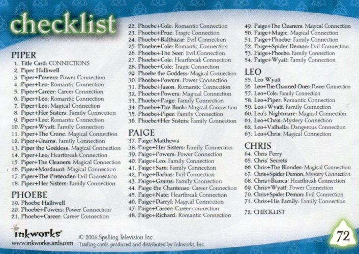 Charmed Connections Foil Base Card Set 72 Cards 1 thru 72   - TvMovieCards.com
