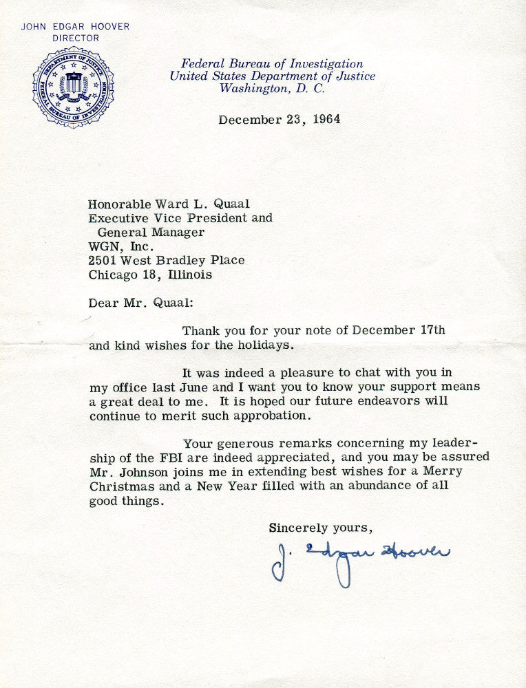 Original Signature Letter J. Edgar Hoover FBI Director December 23,   - TvMovieCards.com