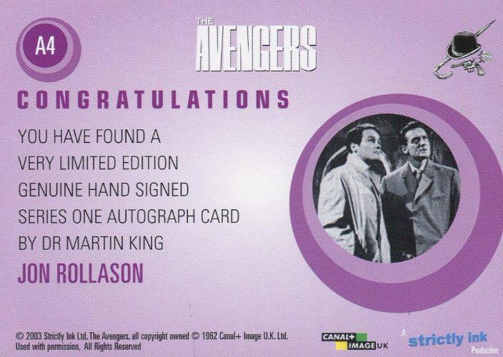Avengers TV Definitive 1 Jon Rollason as Doctor Martin King Autograph Card A4   - TvMovieCards.com