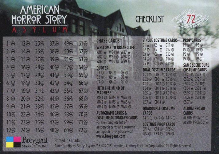 American Horror Story Season 2: Asylum Base Card Set 72 Cards Breygent 2015/2016   - TvMovieCards.com