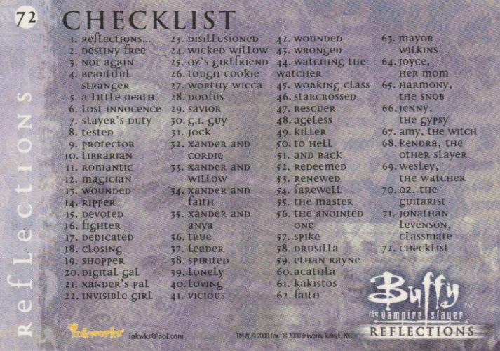 Buffy The Vampire Slayer Reflections The High School Years Base Card Set 72 Card   - TvMovieCards.com