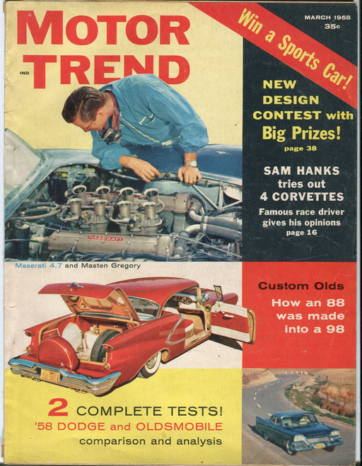 March 1958 Motor Trend Car Magazine - "58 Dodge and Oldsmobile Tests   - TvMovieCards.com