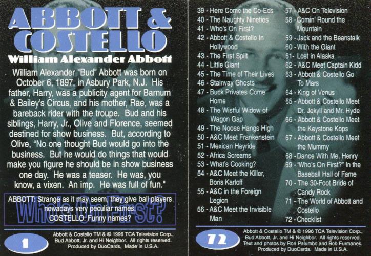 Abbott & Costello Base Card Set 72 Cards   - TvMovieCards.com