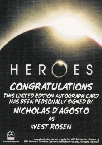 Heroes Archives Nicholas D'Agosto as West Rosen Autograph Card   - TvMovieCards.com