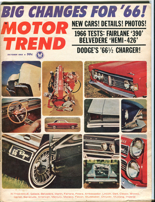 October 1965 Motor Trend Car Magazine - Hemi 426 '66 1/2 Dodge Charger   - TvMovieCards.com