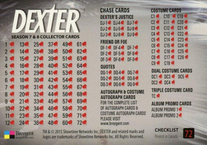 Dexter Seasons 7 & 8 Base Card Set 72 Cards Breygent 2015   - TvMovieCards.com