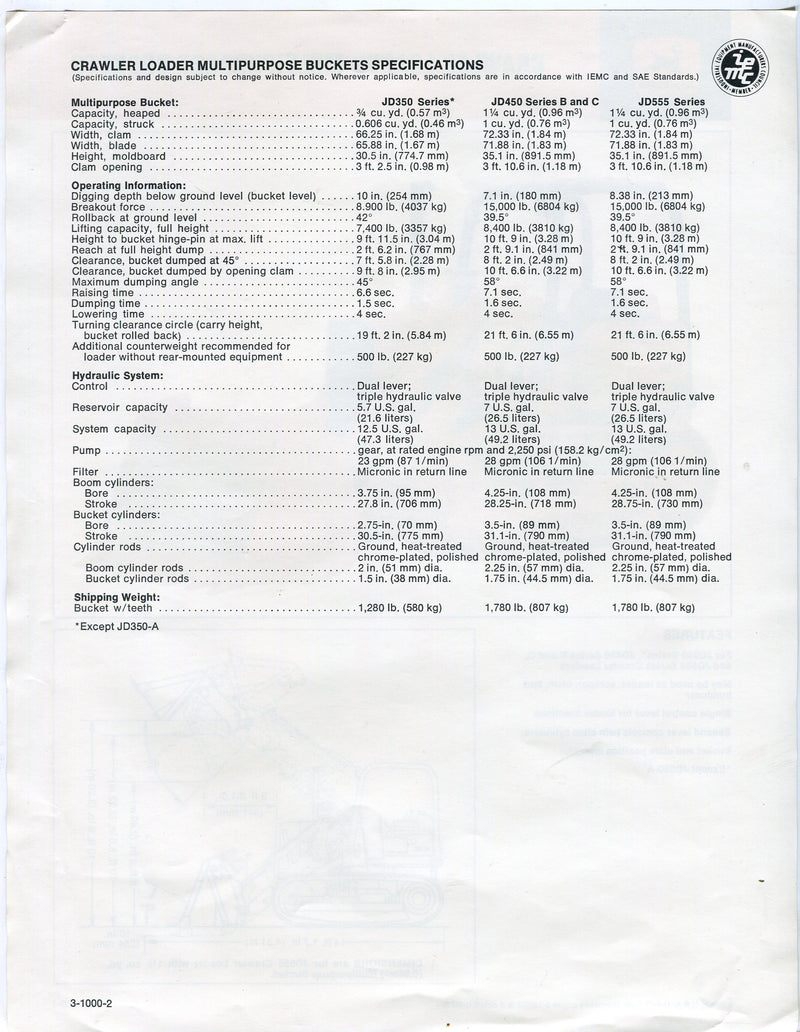 John Deere Crawler Loader Multipurpose Buckets Spec Sheet Dealer JD350 Ad   - TvMovieCards.com