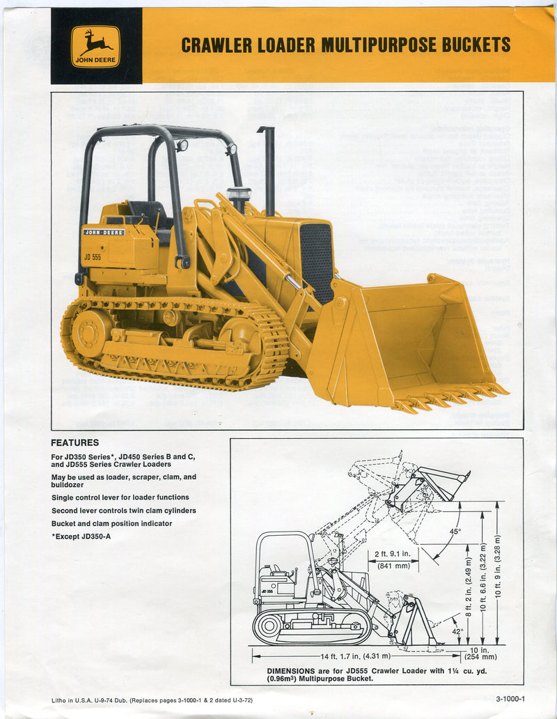 John Deere Crawler Loader Multipurpose Buckets Spec Sheet Dealer JD350 Ad   - TvMovieCards.com