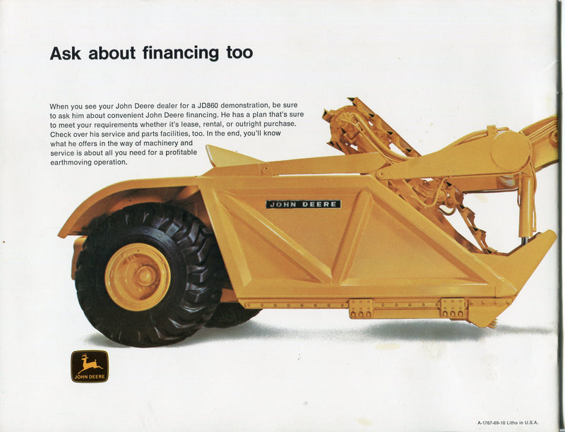 Vintage John Deere Glossy Dealer Brochure: JD860A Scraper, A-1767-69-10   - TvMovieCards.com