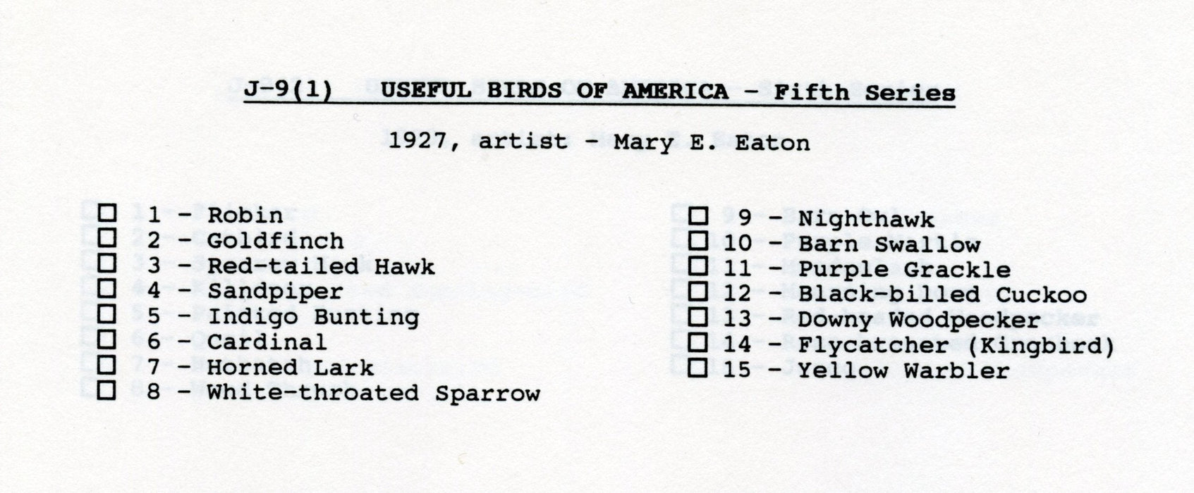 Birds Useful Birds of America 5th 15 Card Set Type 3 Church & Dwight J-9   - TvMovieCards.com