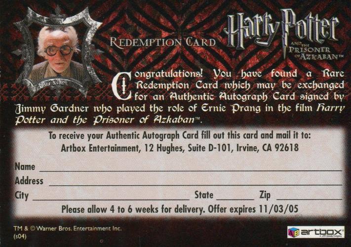 Harry Potter Prisoner of Azkaban Update Jimmy Gardner Autograph Redemption Card   - TvMovieCards.com