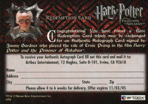 Harry Potter Prisoner of Azkaban Update Jimmy Gardner Autograph Redemption Card   - TvMovieCards.com