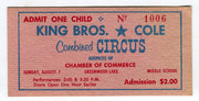 Vintage King Bros. / Cole Combined Circus Admission Ticket One Child   - TvMovieCards.com