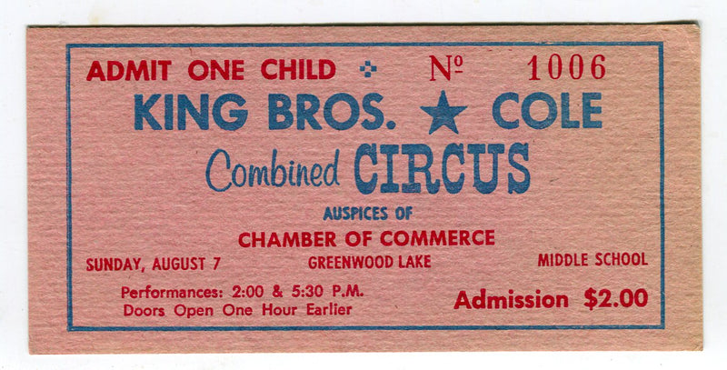 Vintage King Bros. / Cole Combined Circus Admission Ticket One Child   - TvMovieCards.com