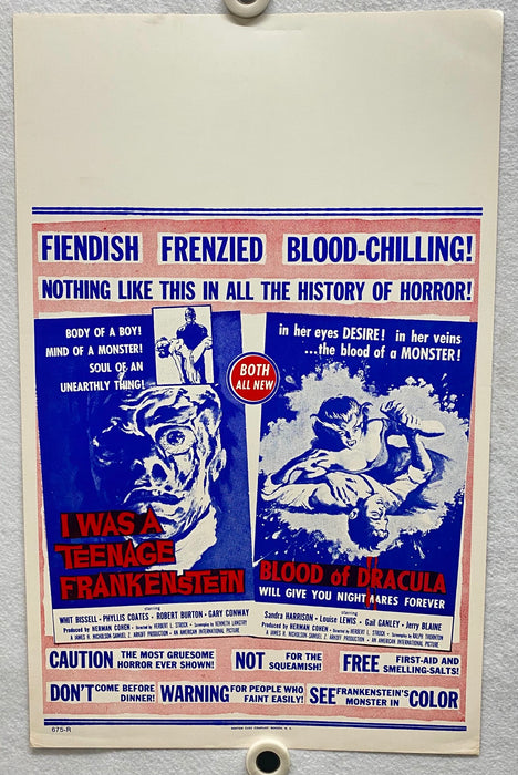 I Was A Teenage Frankenstein / Blood of Dracula Combo Window Card 14 x 22 Poster   - TvMovieCards.com