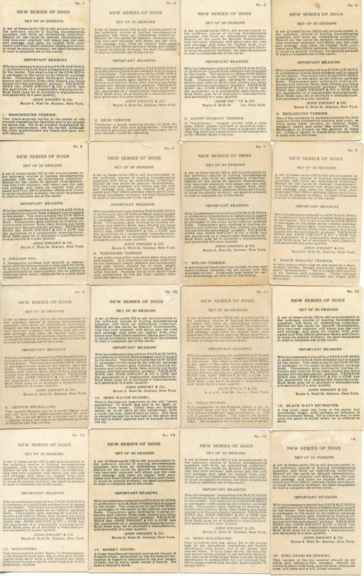 New Series of Dogs 30 Card Soda Set 1910 J14 JOHN DWIGHT Church Arm & Hammer   - TvMovieCards.com