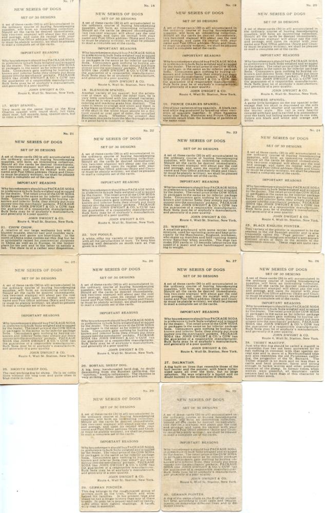 New Series of Dogs 30 Card Soda Set 1910 J14 JOHN DWIGHT Church Arm & Hammer   - TvMovieCards.com