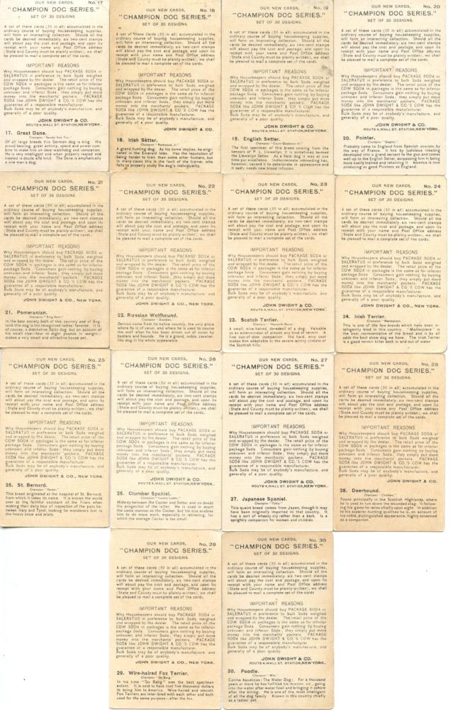 Champion Dogs 30 Card Set JOHN DWIGHT Soda Church Arm & Hammer J13 1902   - TvMovieCards.com