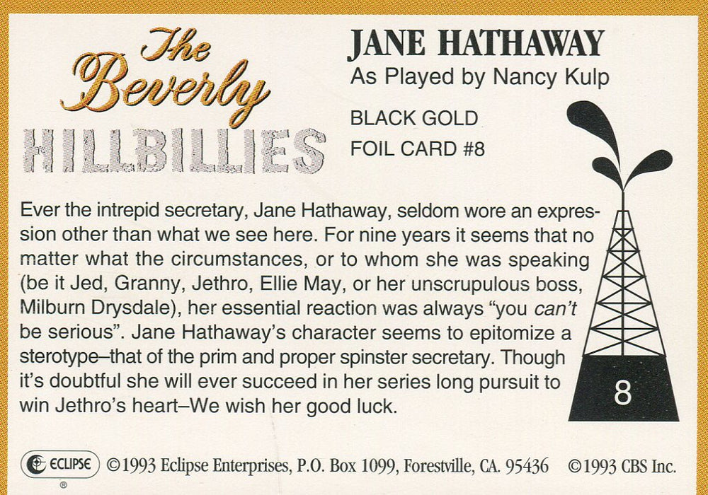 Beverly Hillbillies Black Gold Foil Chase Card Jane Hathaway #8 Eclipse 1993   - TvMovieCards.com