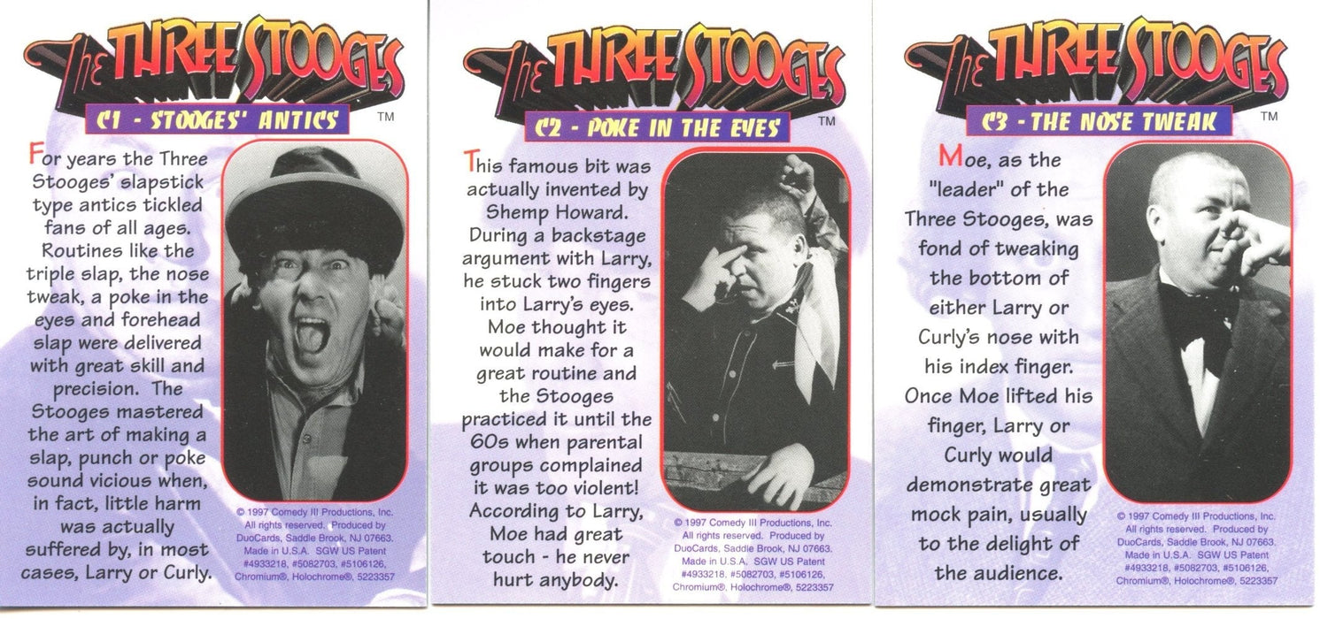 Three Stooges Chromium Antic Chrome Chase Card Set C1 C2 C3 DuoCards 1997   - TvMovieCards.com