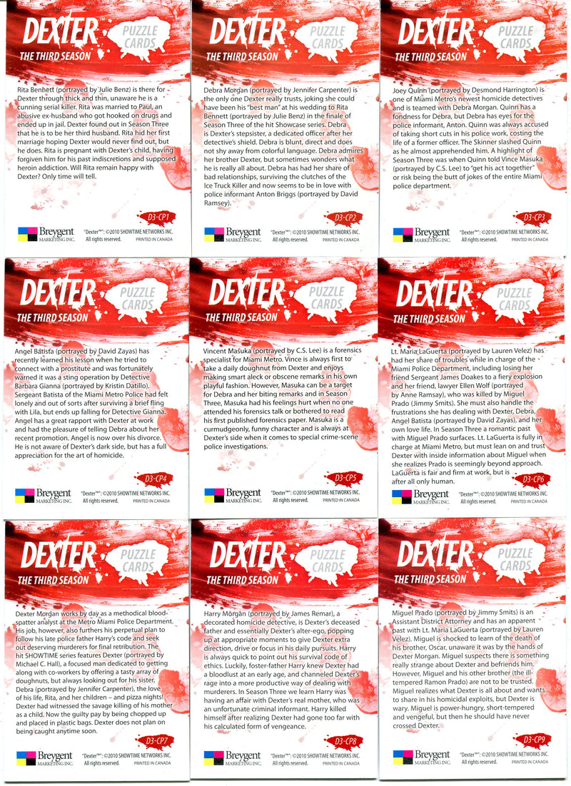 Dexter Season 3 Foil Chase Card Set Puzzle D3-CP1 - D3-Cp9 9 Card Set   - TvMovieCards.com