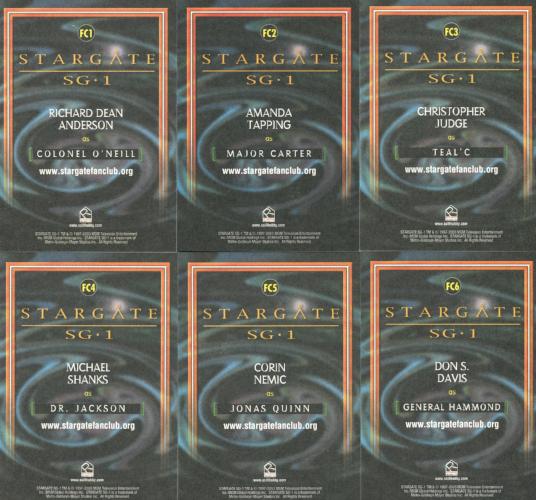 Stargate SG-1 Fan Club Card Set FC1 thru FC6  2003   - TvMovieCards.com