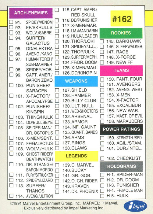 Marvel Universe Series 2 Base Card Set 162 Cards Impel 1991   - TvMovieCards.com
