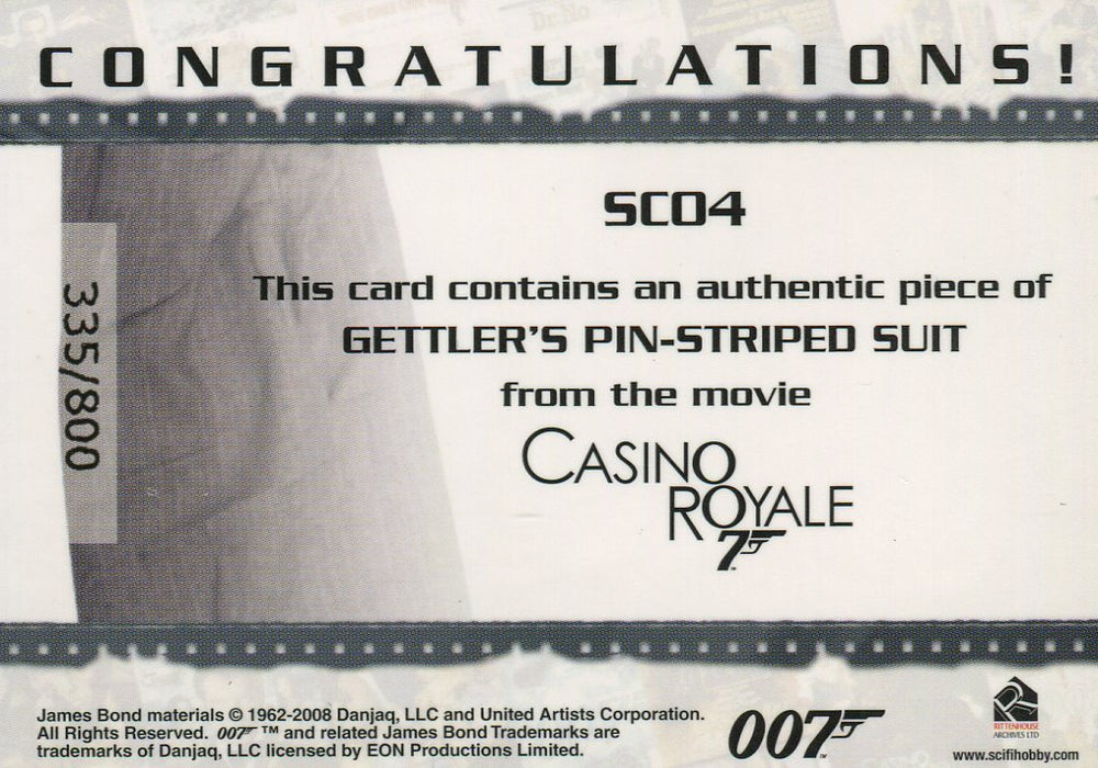 James Bond in Motion 2008 Gettler's Suit Costume Card SC04 #335/800   - TvMovieCards.com