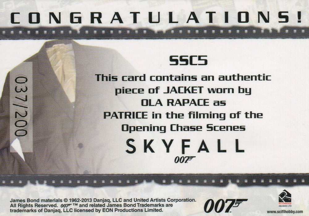 James Bond Autographs & Relics Patrice Relic Costume Card SSC5 #037/200   - TvMovieCards.com